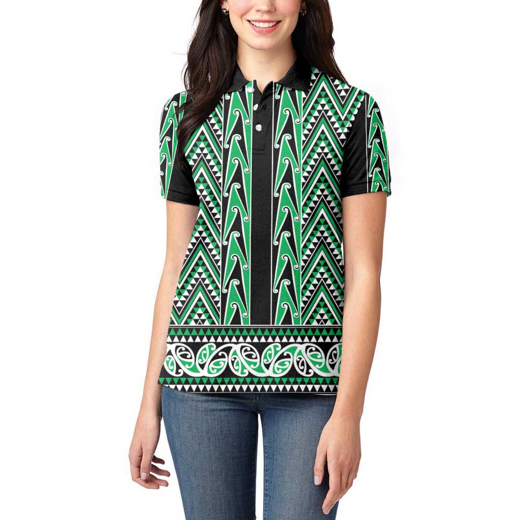 New Zealand Maori Niho Taniwha Women Polo Shirt Kakariki Mangopare and Puhoro Pattern