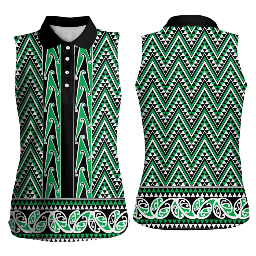 New Zealand Maori Niho Taniwha Women Sleeveless Polo Shirt Kakariki Mangopare and Puhoro Pattern