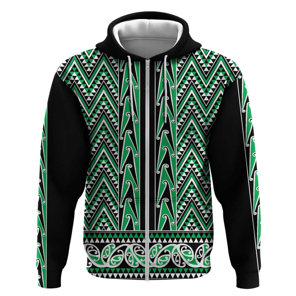 New Zealand Maori Niho Taniwha Zip Hoodie Kakariki Mangopare and Puhoro Pattern