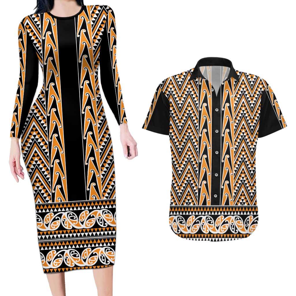 New Zealand Maori Niho Taniwha Couples Matching Long Sleeve Bodycon Dress and Hawaiian Shirt Karaka Mangopare and Puhoro Pattern LT9 Gold - Polynesian Pride