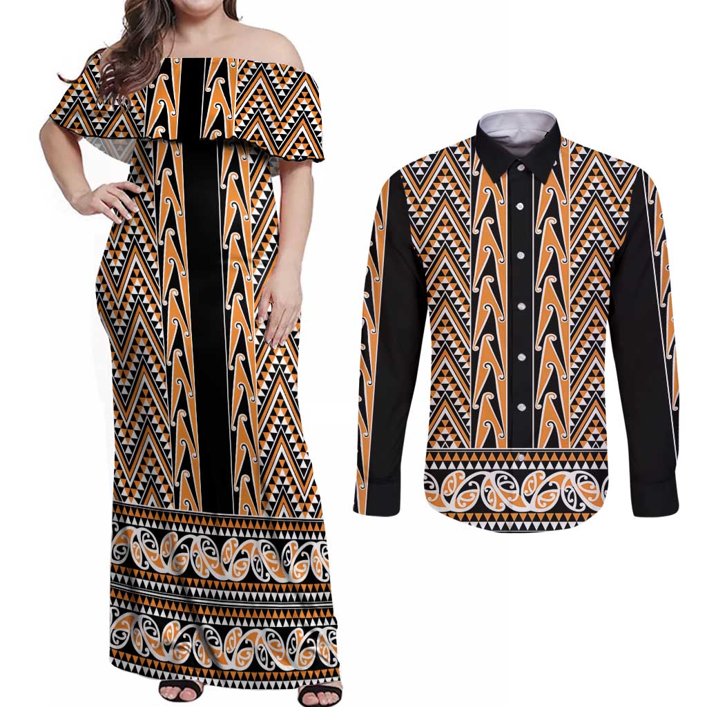 New Zealand Maori Niho Taniwha Couples Matching Off Shoulder Maxi Dress and Long Sleeve Button Shirt Karaka Mangopare and Puhoro Pattern LT9 Gold - Polynesian Pride