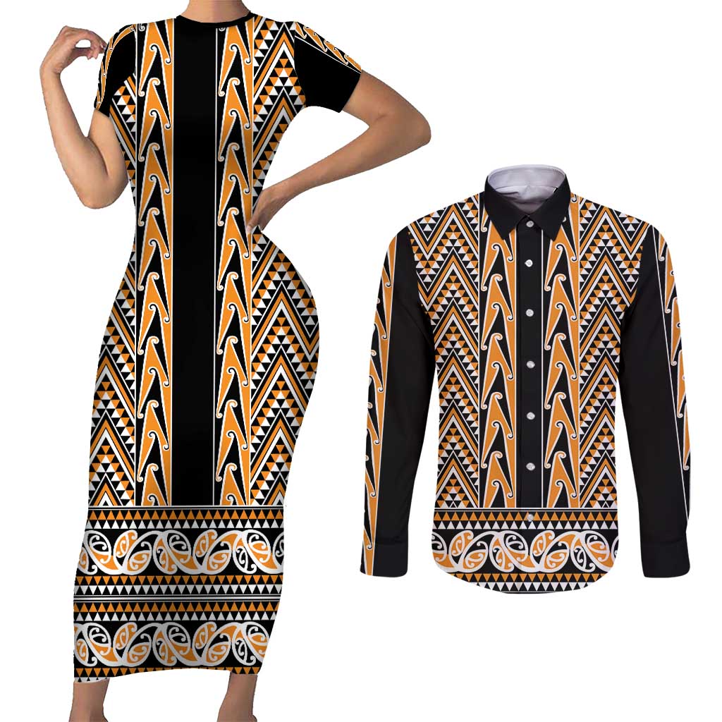 New Zealand Maori Niho Taniwha Couples Matching Short Sleeve Bodycon Dress and Long Sleeve Button Shirt Karaka Mangopare and Puhoro Pattern LT9 Gold - Polynesian Pride