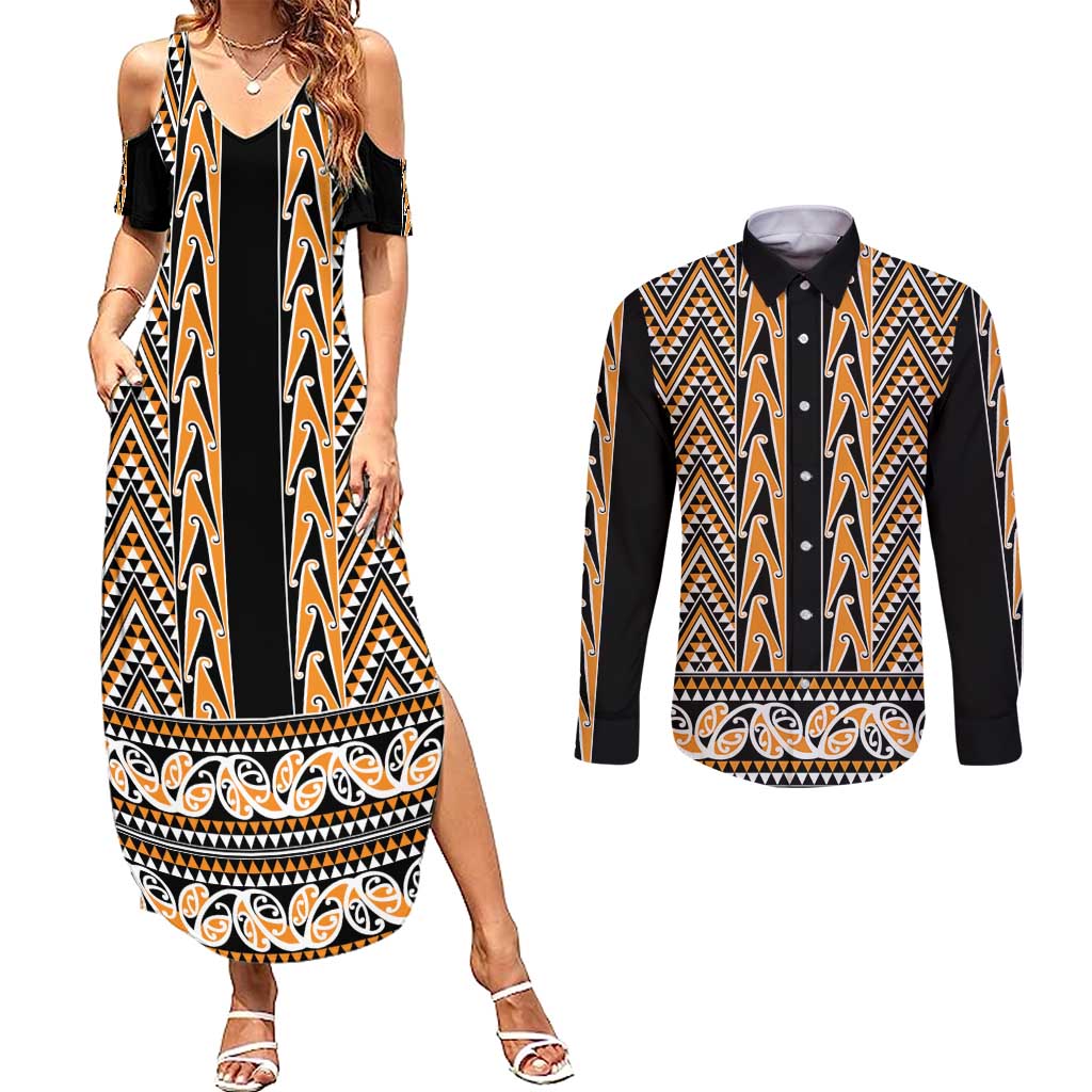 New Zealand Maori Niho Taniwha Couples Matching Summer Maxi Dress and Long Sleeve Button Shirt Karaka Mangopare and Puhoro Pattern LT9 Gold - Polynesian Pride