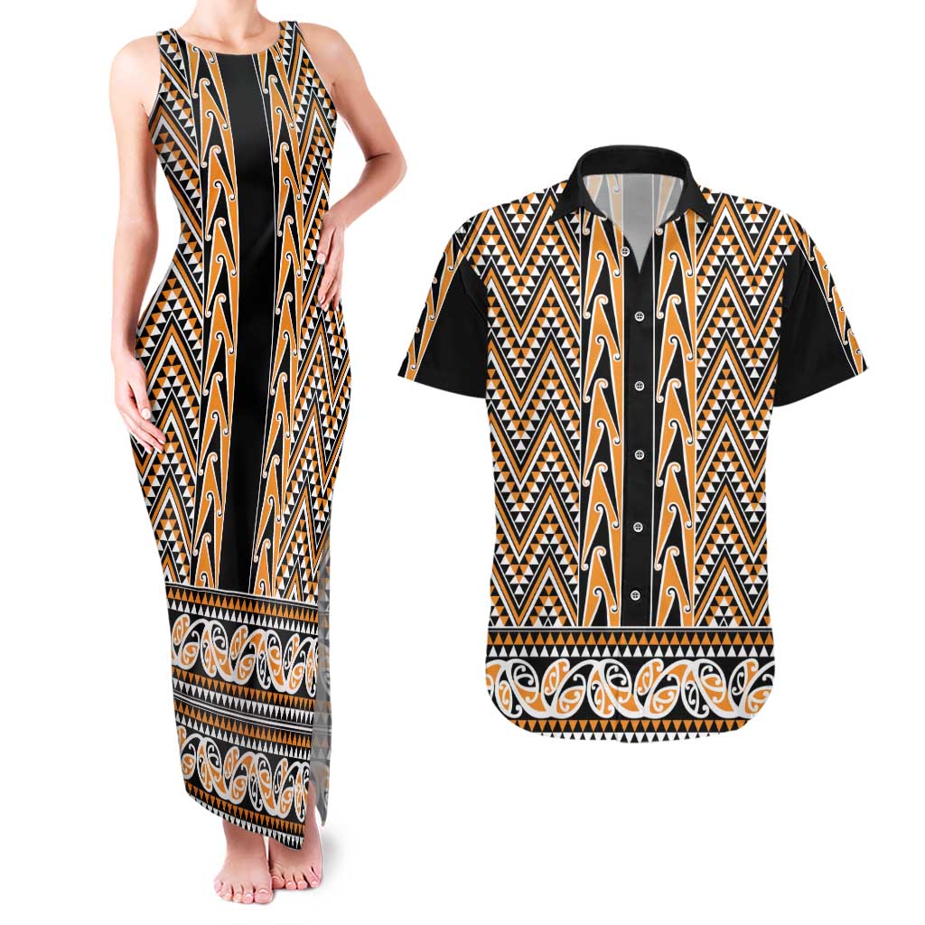 New Zealand Maori Niho Taniwha Couples Matching Tank Maxi Dress and Hawaiian Shirt Karaka Mangopare and Puhoro Pattern