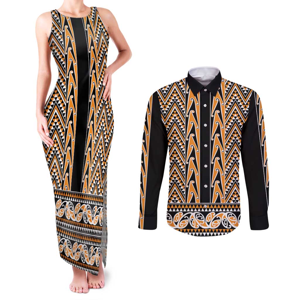 New Zealand Maori Niho Taniwha Couples Matching Tank Maxi Dress and Long Sleeve Button Shirt Karaka Mangopare and Puhoro Pattern LT9 Gold - Polynesian Pride
