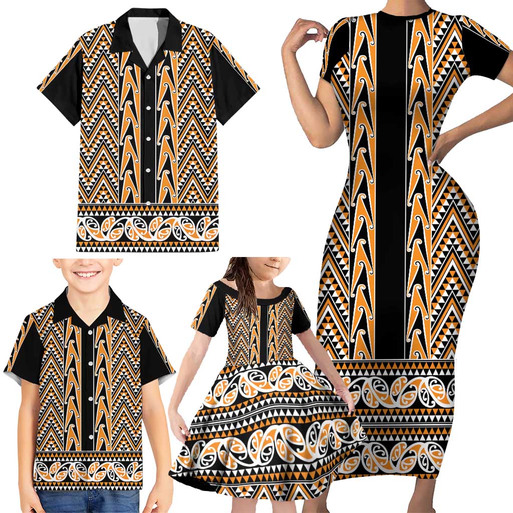 New Zealand Maori Niho Taniwha Family Matching Short Sleeve Bodycon Dress and Hawaiian Shirt Karaka Mangopare and Puhoro Pattern LT9 - Polynesian Pride