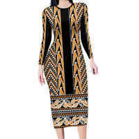 New Zealand Maori Niho Taniwha Long Sleeve Bodycon Dress Karaka Mangopare and Puhoro Pattern