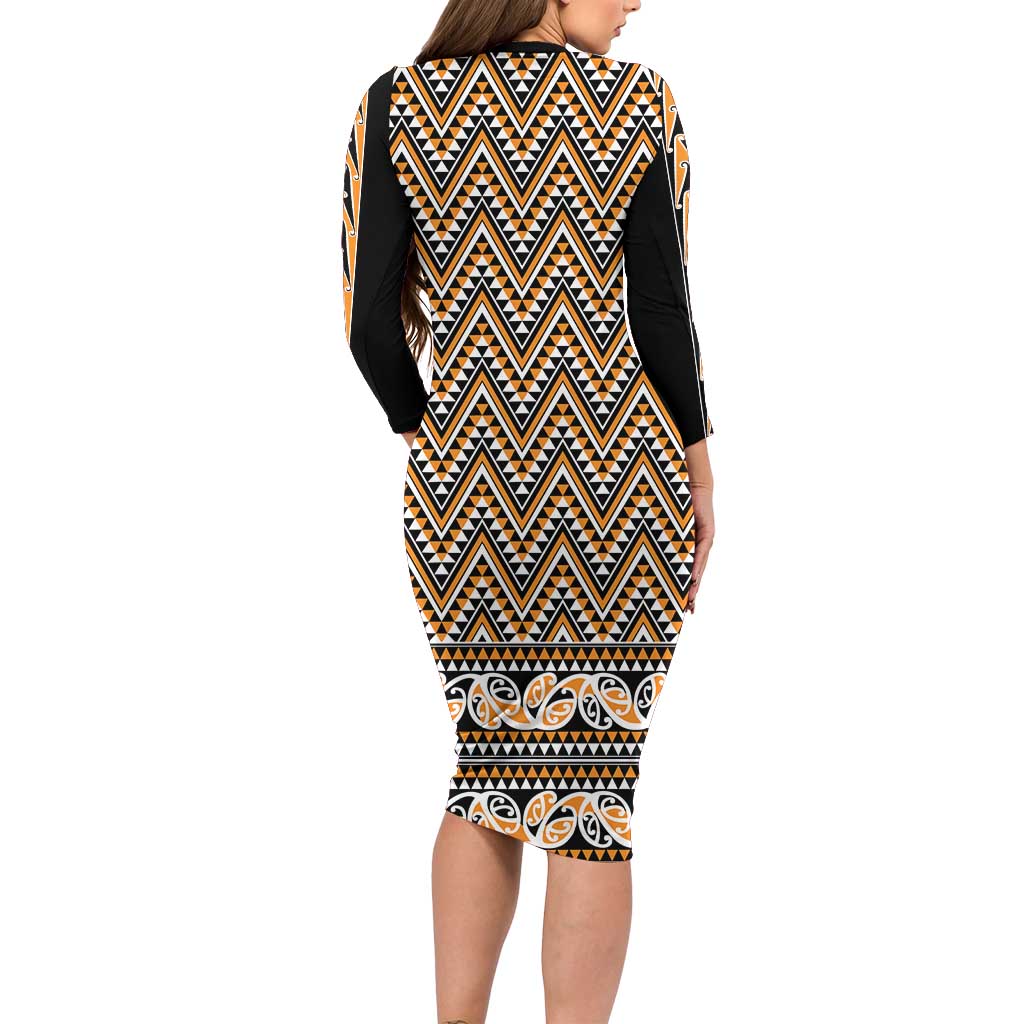 New Zealand Maori Niho Taniwha Long Sleeve Bodycon Dress Karaka Mangopare and Puhoro Pattern