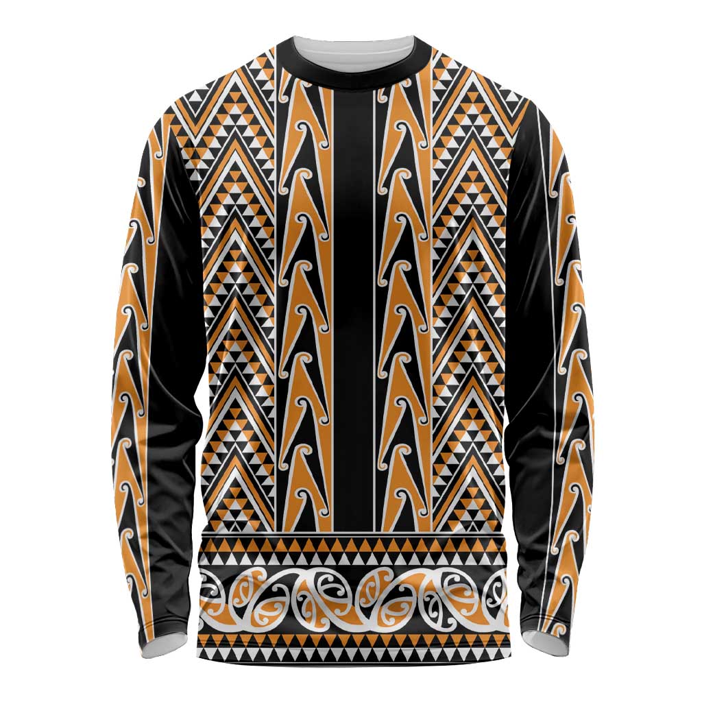 New Zealand Maori Niho Taniwha Long Sleeve Shirt Karaka Mangopare and Puhoro Pattern LT9 Unisex Gold - Polynesian Pride