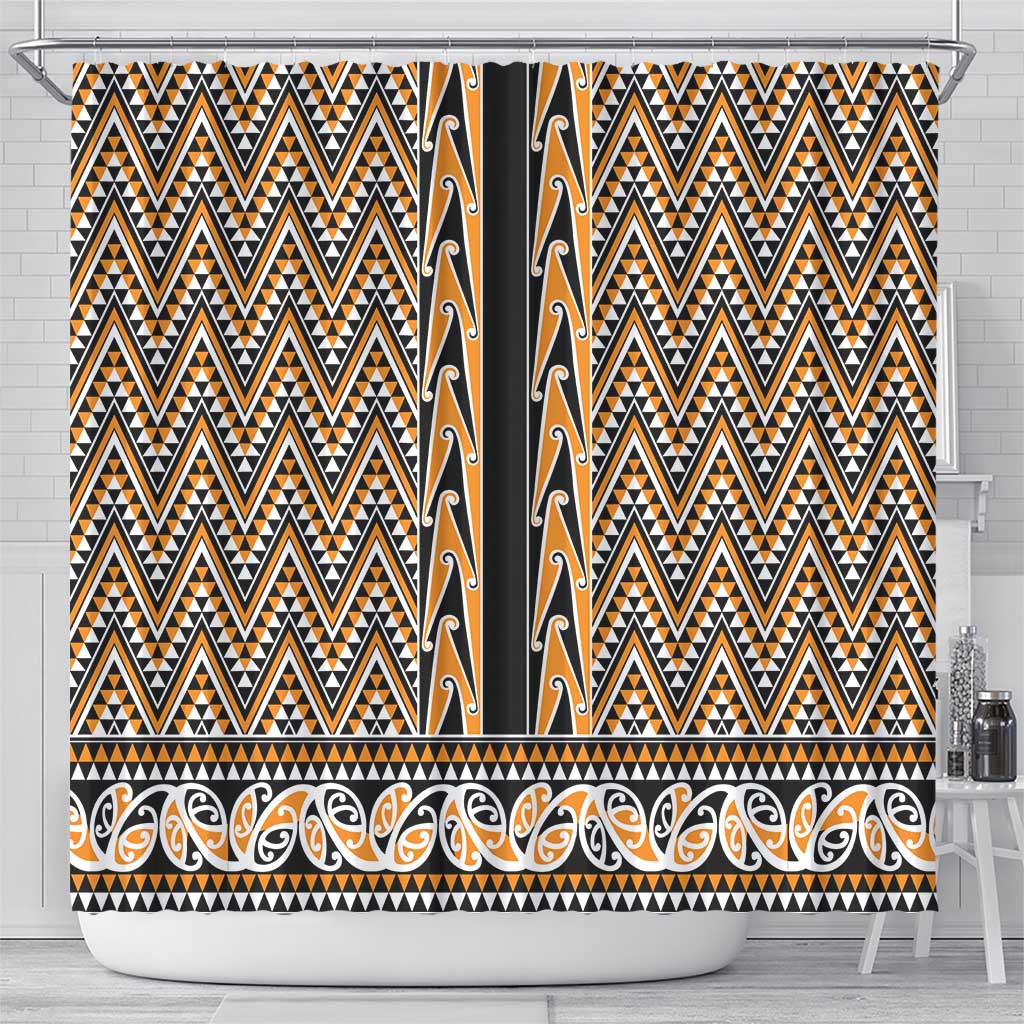 New Zealand Maori Niho Taniwha Shower Curtain Karaka Mangopare and Puhoro Pattern