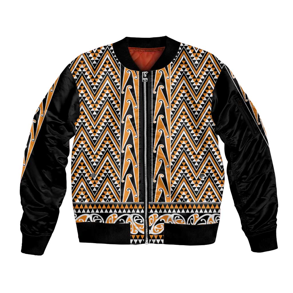 New Zealand Maori Niho Taniwha Sleeve Zip Bomber Jacket Karaka Mangopare and Puhoro Pattern