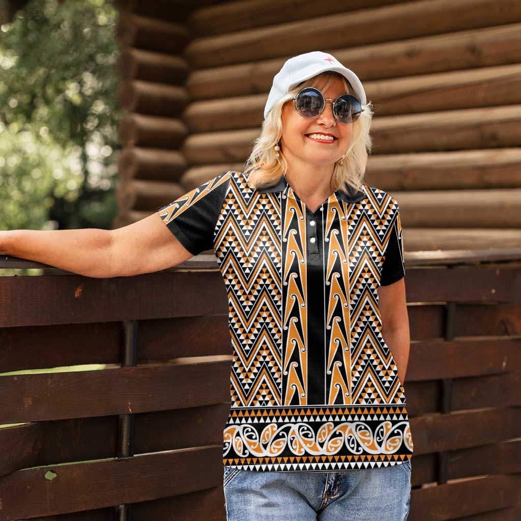 New Zealand Maori Niho Taniwha Women Polo Shirt Karaka Mangopare and Puhoro Pattern