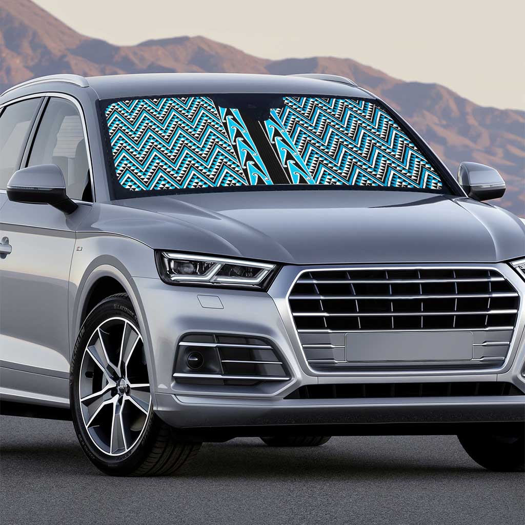 New Zealand Maori Niho Taniwha Auto Sun Shade Kikorangi Mangopare and Puhoro Pattern - Polynesian Pride