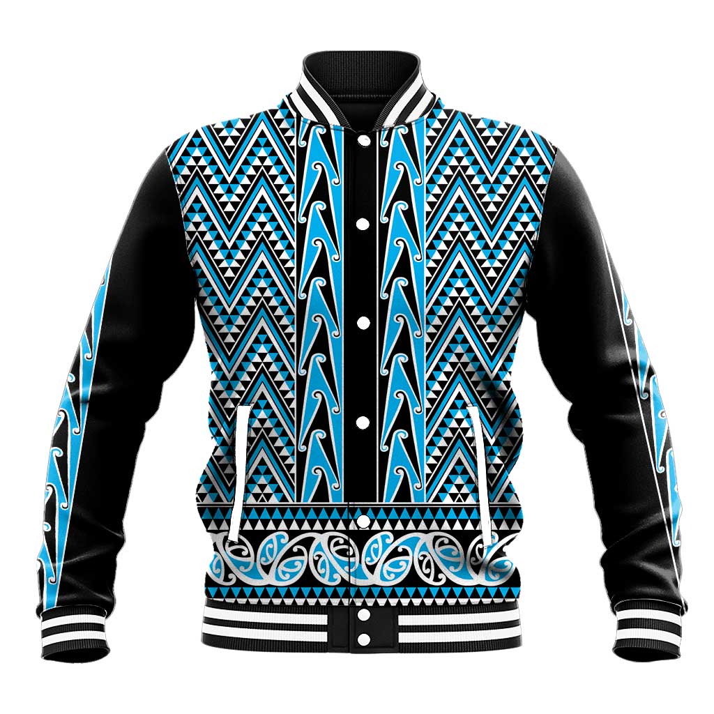 New Zealand Maori Niho Taniwha Baseball Jacket Kikorangi Mangopare and Puhoro Pattern LT9 Unisex Blue - Polynesian Pride