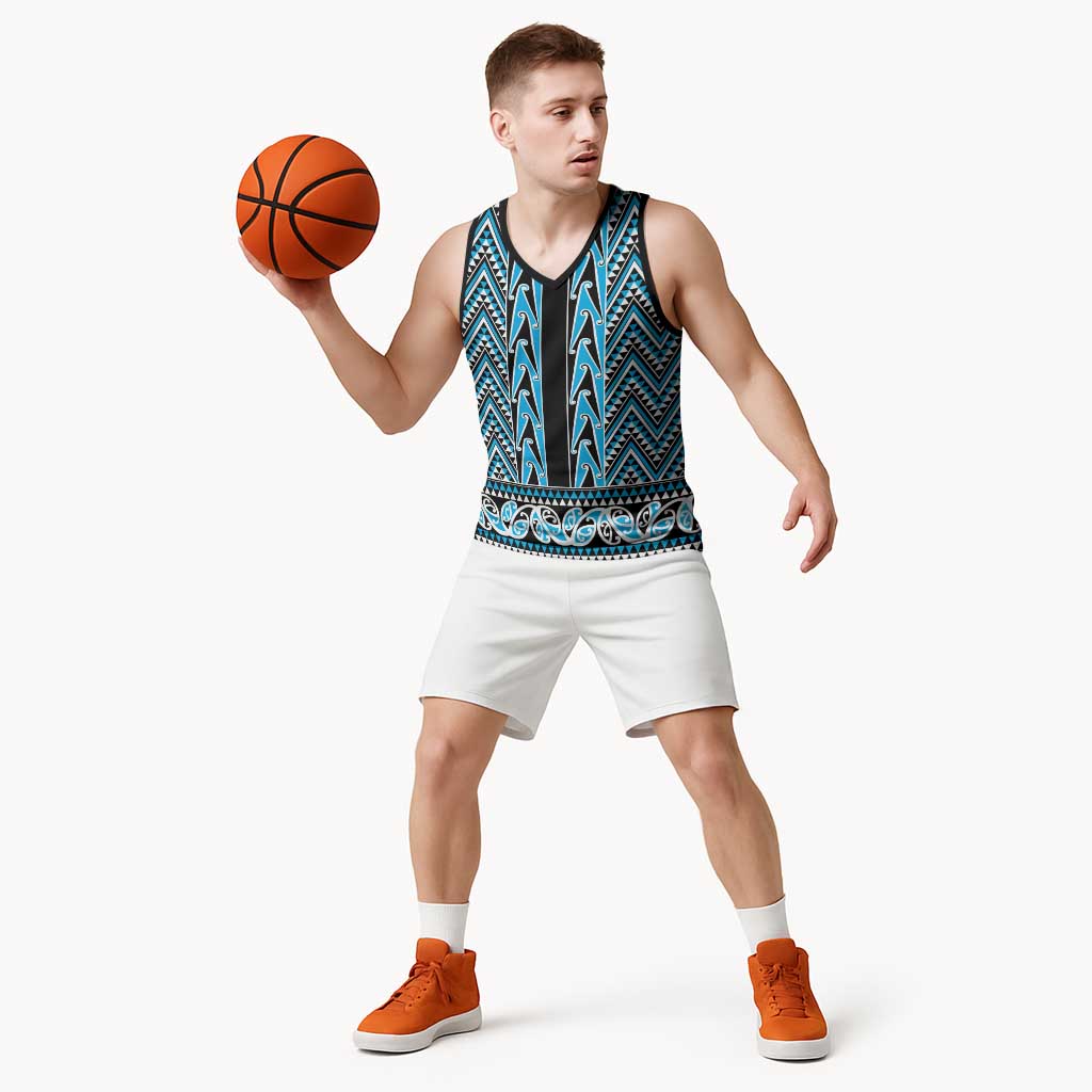New Zealand Maori Niho Taniwha Basketball Jersey Kikorangi Mangopare and Puhoro Pattern - Polynesian Pride