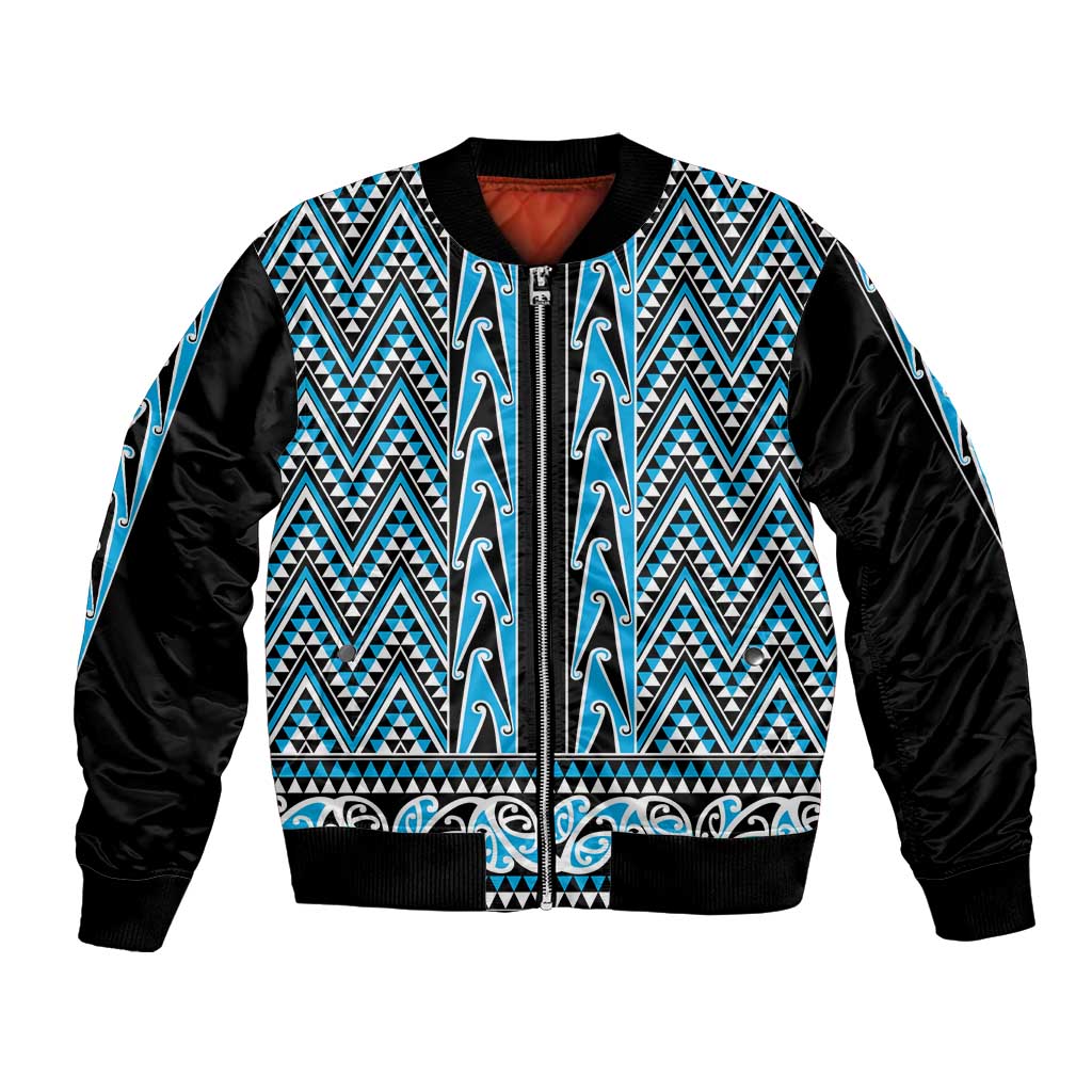 New Zealand Maori Niho Taniwha Bomber Jacket Kikorangi Mangopare and Puhoro Pattern