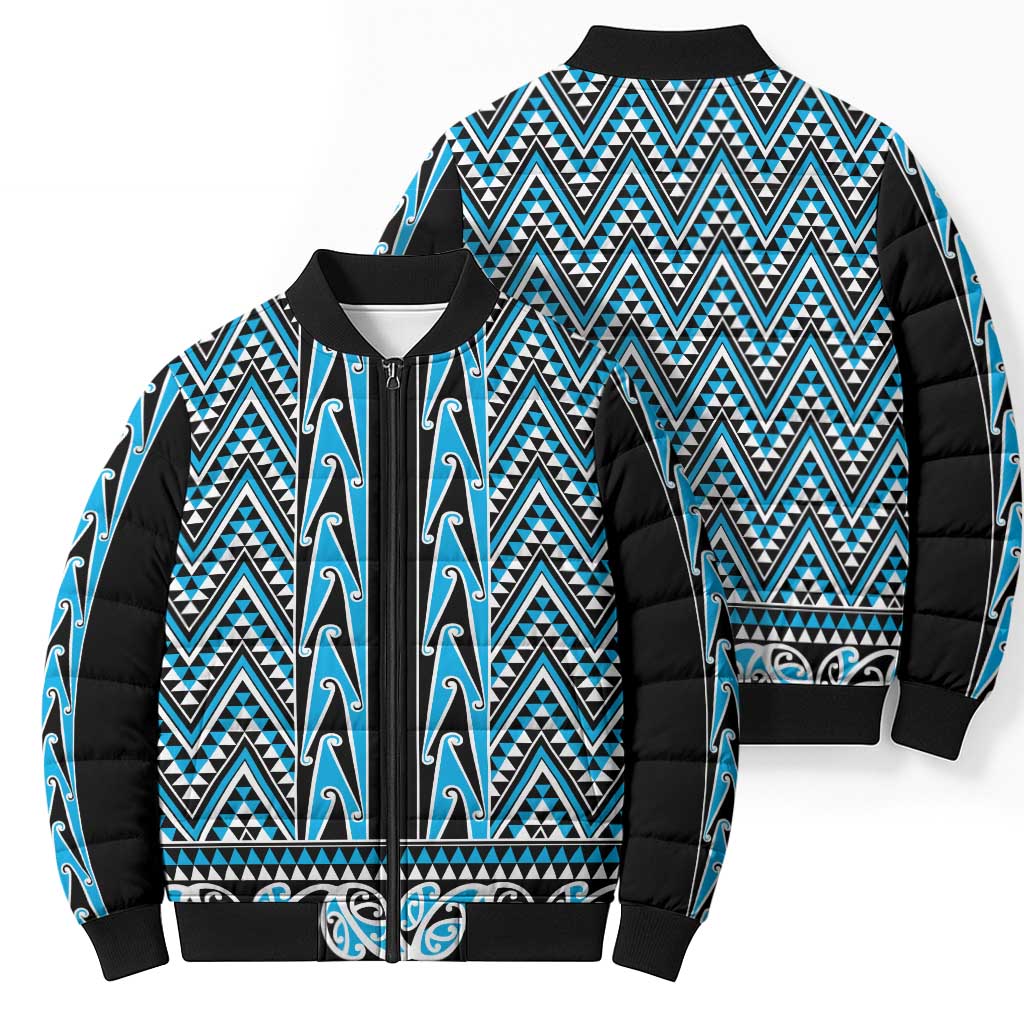 New Zealand Maori Niho Taniwha Bomber Puffer Jacket Kikorangi Mangopare and Puhoro Pattern - Polynesian Pride