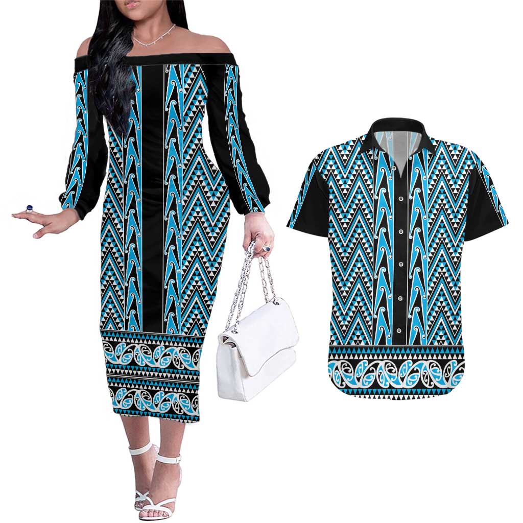 New Zealand Maori Niho Taniwha Couples Matching Off The Shoulder Long Sleeve Dress and Hawaiian Shirt Kikorangi Mangopare and Puhoro Pattern LT9 Blue - Polynesian Pride