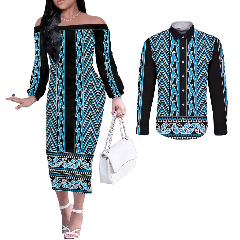 New Zealand Maori Niho Taniwha Couples Matching Off The Shoulder Long Sleeve Dress and Long Sleeve Button Shirt Kikorangi Mangopare and Puhoro Pattern LT9 Blue - Polynesian Pride
