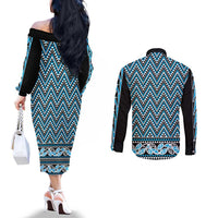 New Zealand Maori Niho Taniwha Couples Matching Off The Shoulder Long Sleeve Dress and Long Sleeve Button Shirt Kikorangi Mangopare and Puhoro Pattern LT9 - Polynesian Pride