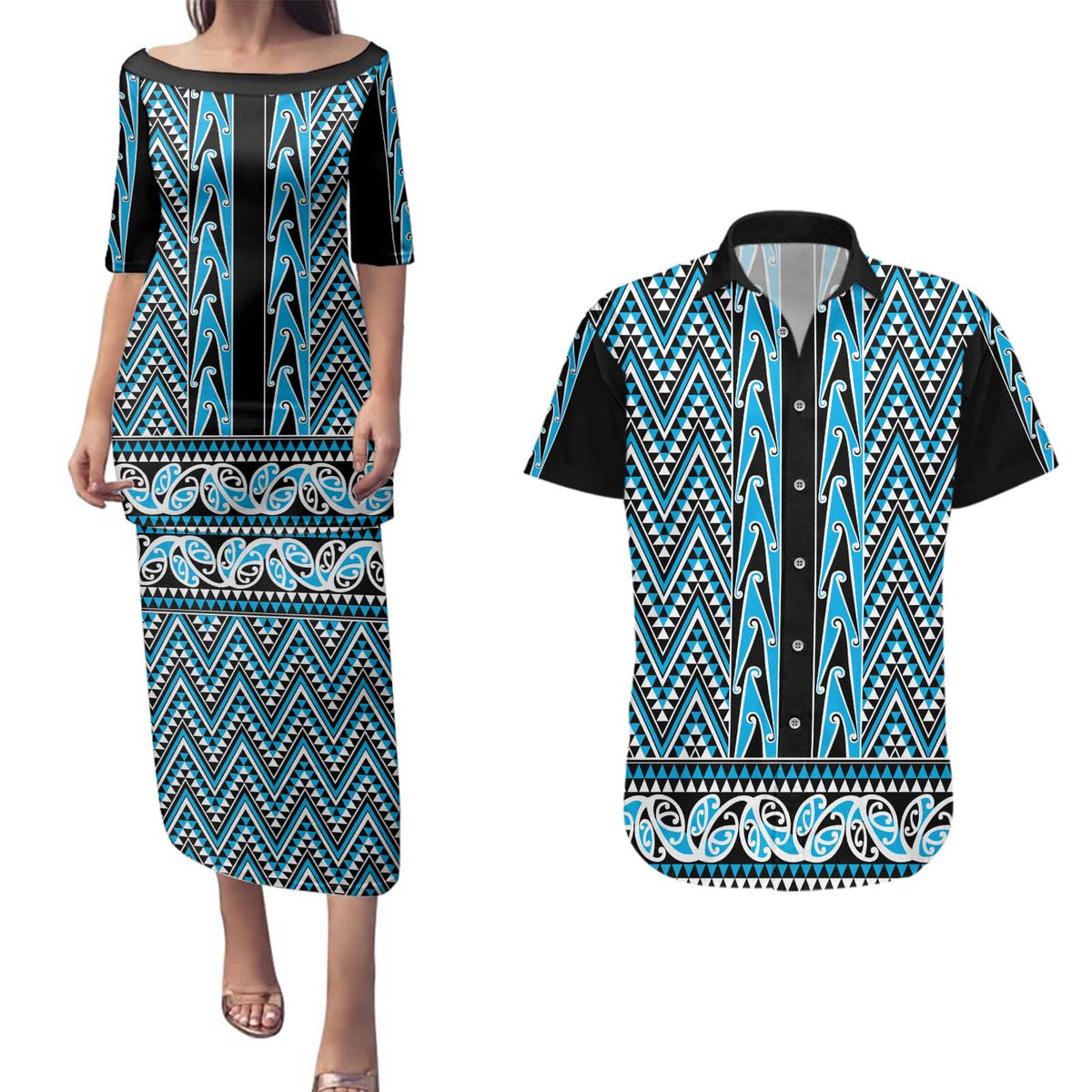 New Zealand Maori Niho Taniwha Couples Matching Puletasi and Hawaiian Shirt Kikorangi Mangopare and Puhoro Pattern