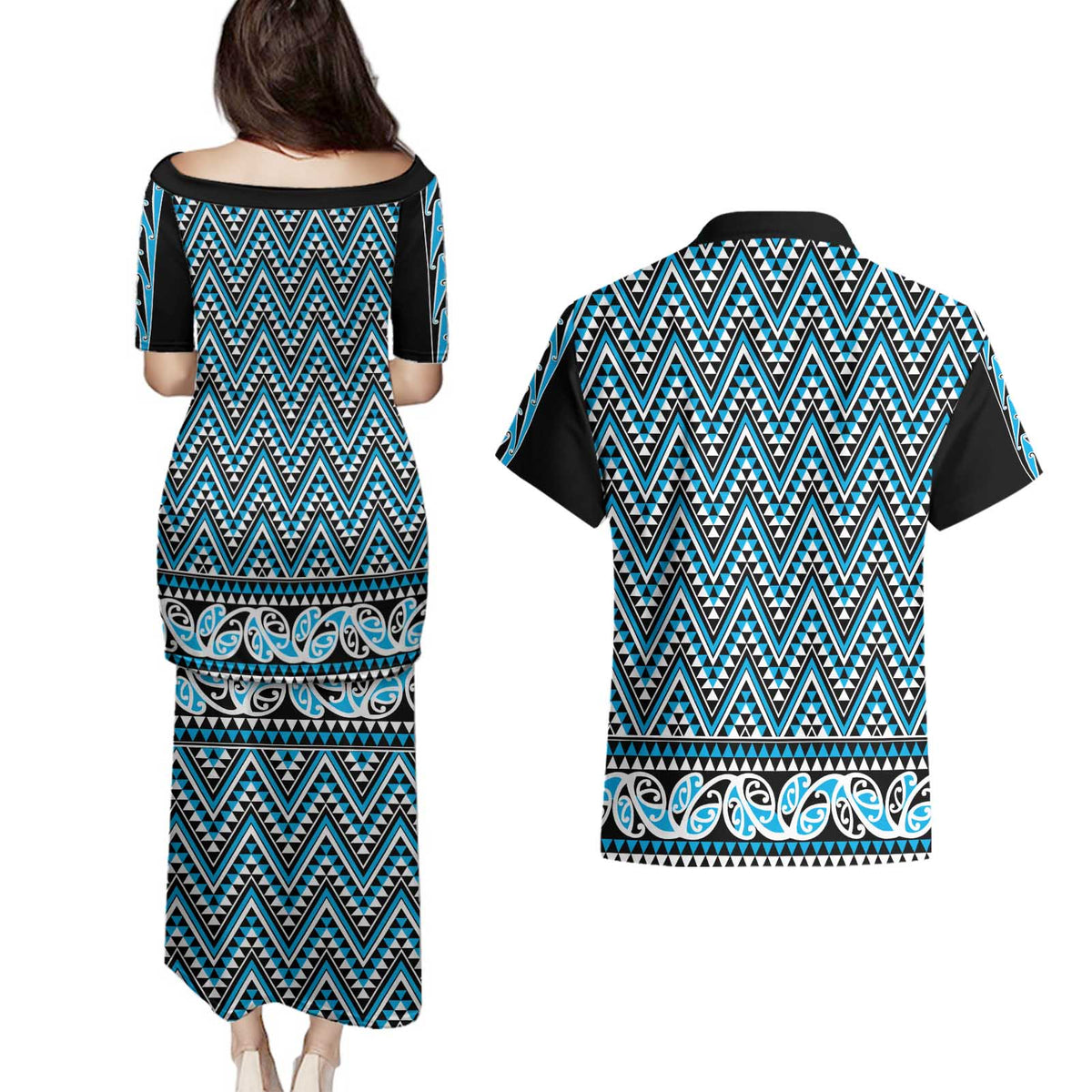 New Zealand Maori Niho Taniwha Couples Matching Puletasi and Hawaiian Shirt Kikorangi Mangopare and Puhoro Pattern