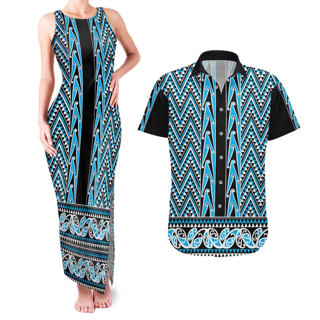 New Zealand Maori Niho Taniwha Couples Matching Tank Maxi Dress and Hawaiian Shirt Kikorangi Mangopare and Puhoro Pattern LT9 Blue - Polynesian Pride