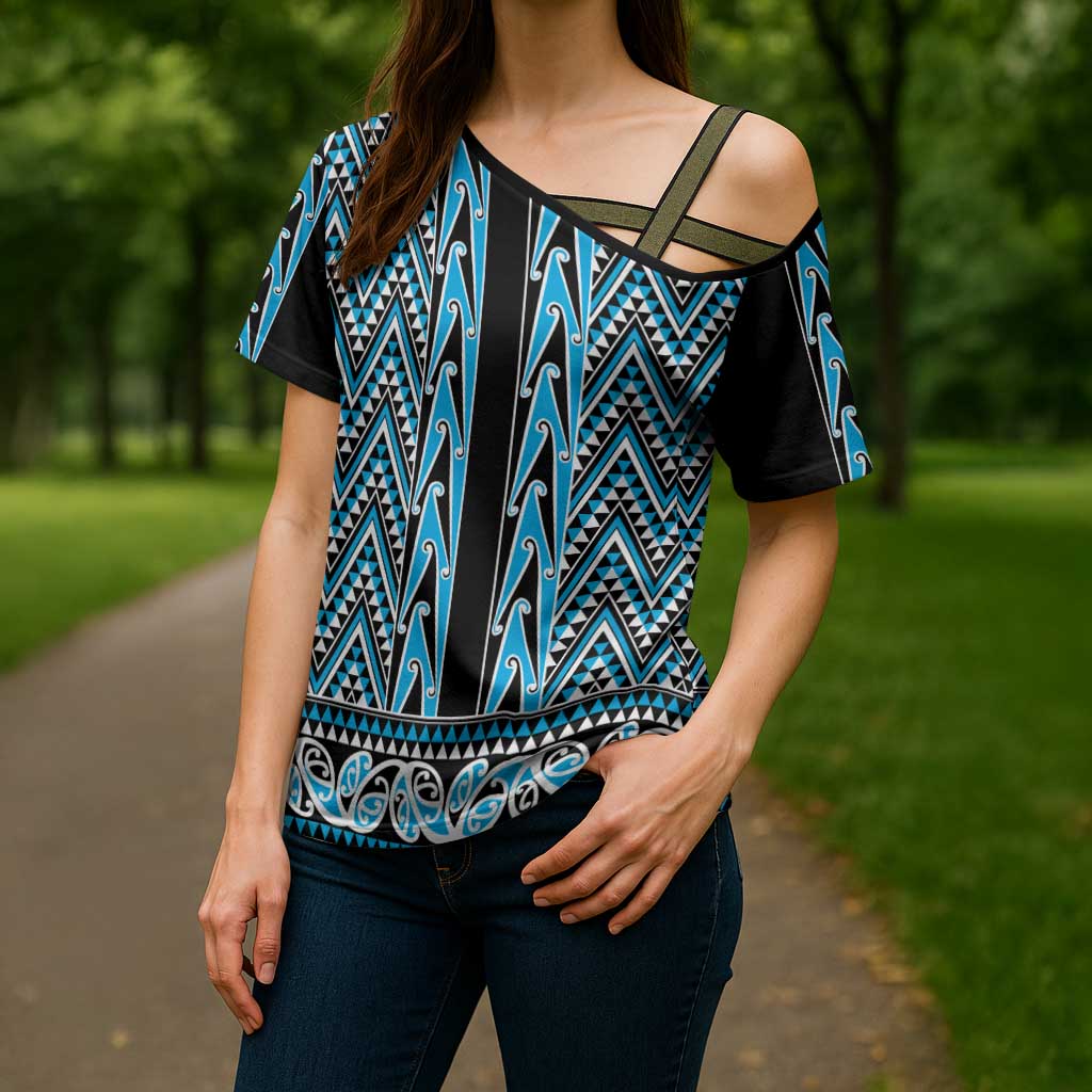 New Zealand Maori Niho Taniwha Cross Shoulder Shirt Kikorangi Mangopare and Puhoro Pattern - Polynesian Pride