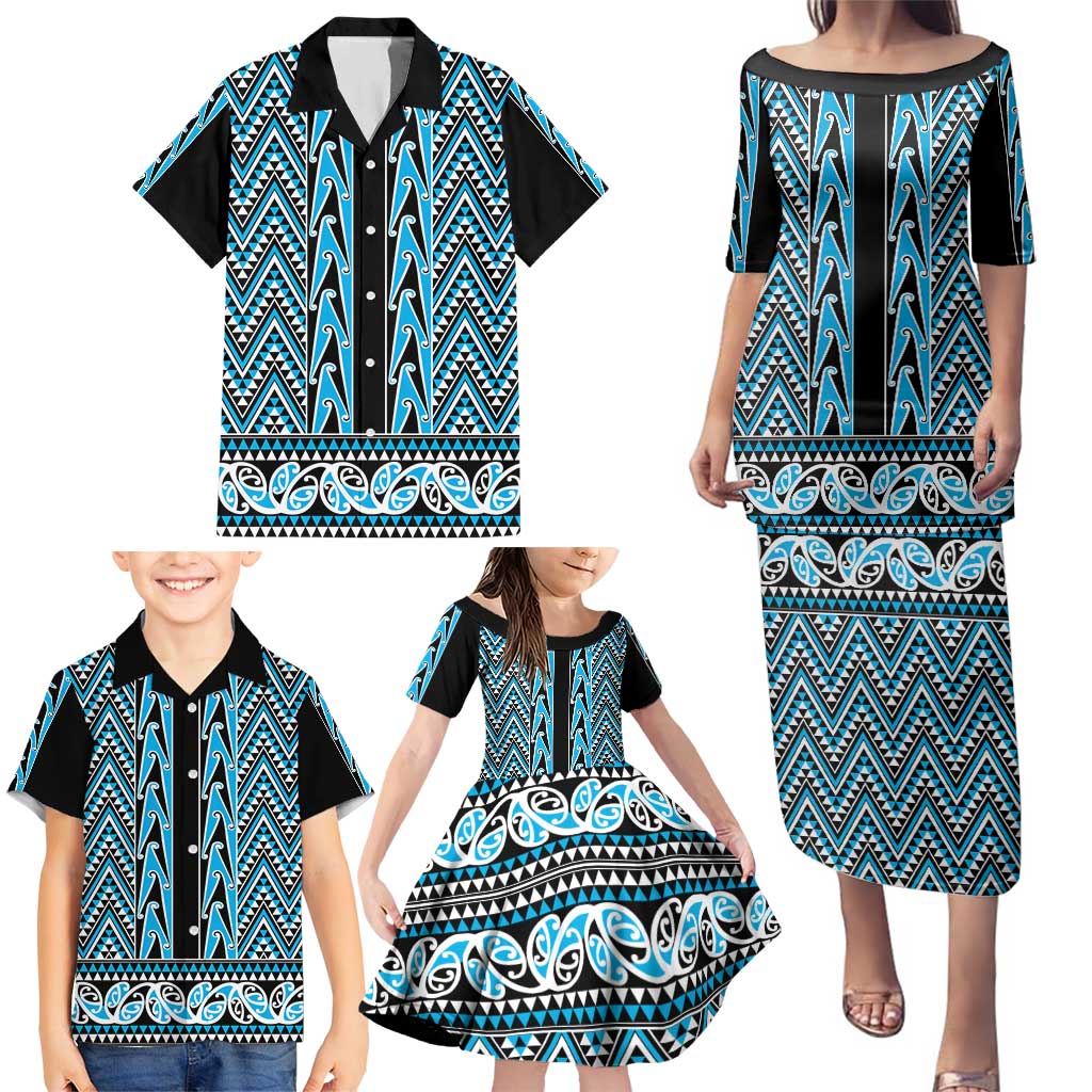 New Zealand Maori Niho Taniwha Family Matching Puletasi and Hawaiian Shirt Kikorangi Mangopare and Puhoro Pattern LT9 - Polynesian Pride