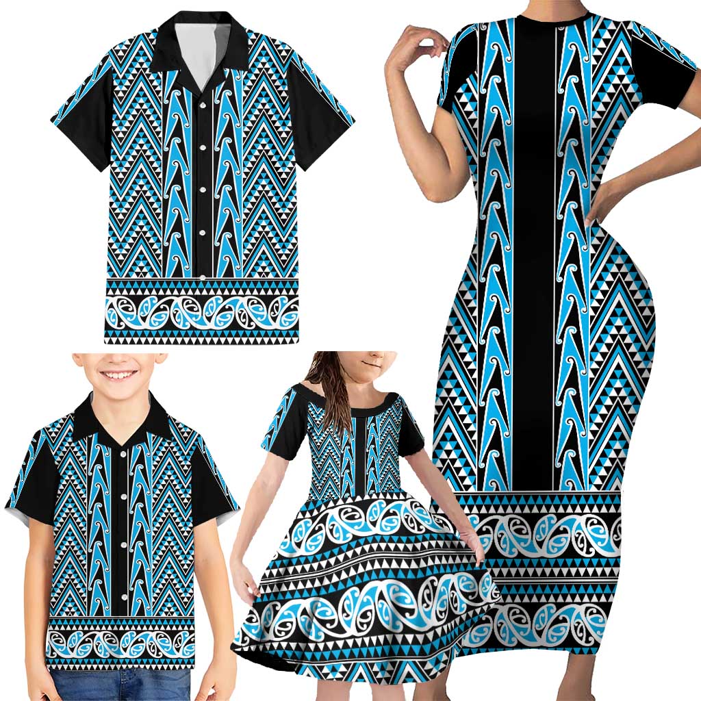New Zealand Maori Niho Taniwha Family Matching Short Sleeve Bodycon Dress and Hawaiian Shirt Kikorangi Mangopare and Puhoro Pattern LT9 - Polynesian Pride