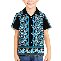 New Zealand Maori Niho Taniwha Kid Hawaiian Shirt Kikorangi Mangopare and Puhoro Pattern