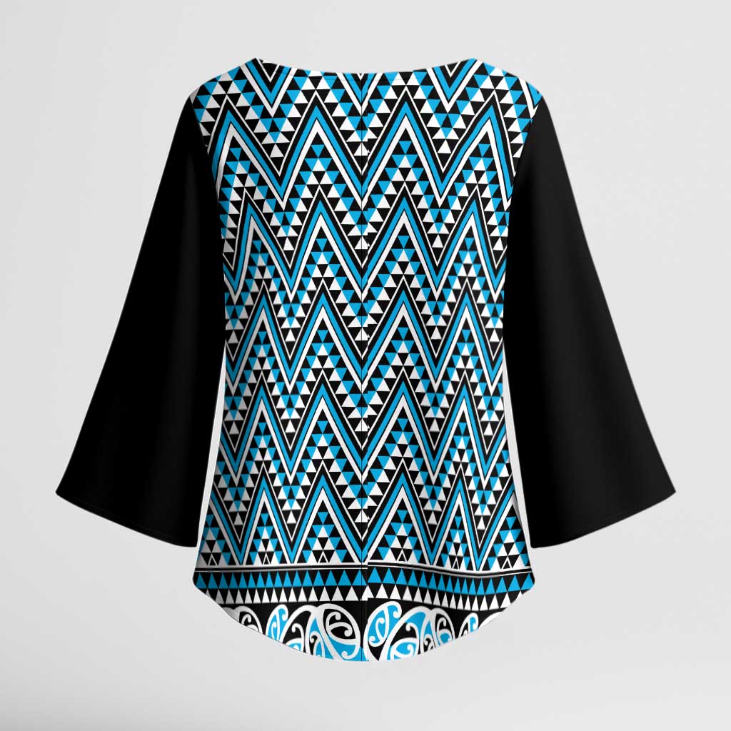 New Zealand Maori Niho Taniwha Kimono Sleeve Blouse Kikorangi Mangopare and Puhoro Pattern - Polynesian Pride