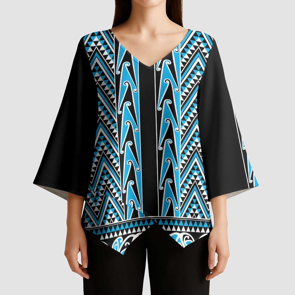 New Zealand Maori Niho Taniwha Kimono Sleeve Blouse Kikorangi Mangopare and Puhoro Pattern - Polynesian Pride