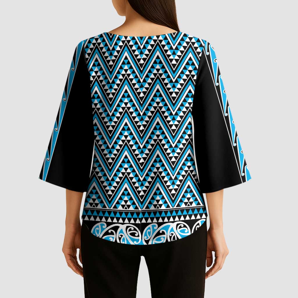 New Zealand Maori Niho Taniwha Kimono Sleeve Blouse Kikorangi Mangopare and Puhoro Pattern - Polynesian Pride