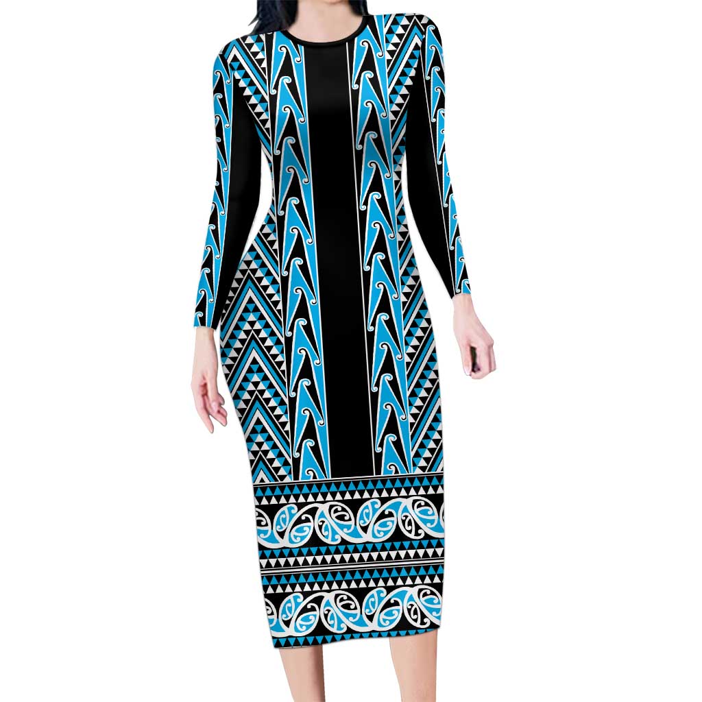 New Zealand Maori Niho Taniwha Long Sleeve Bodycon Dress Kikorangi Mangopare and Puhoro Pattern