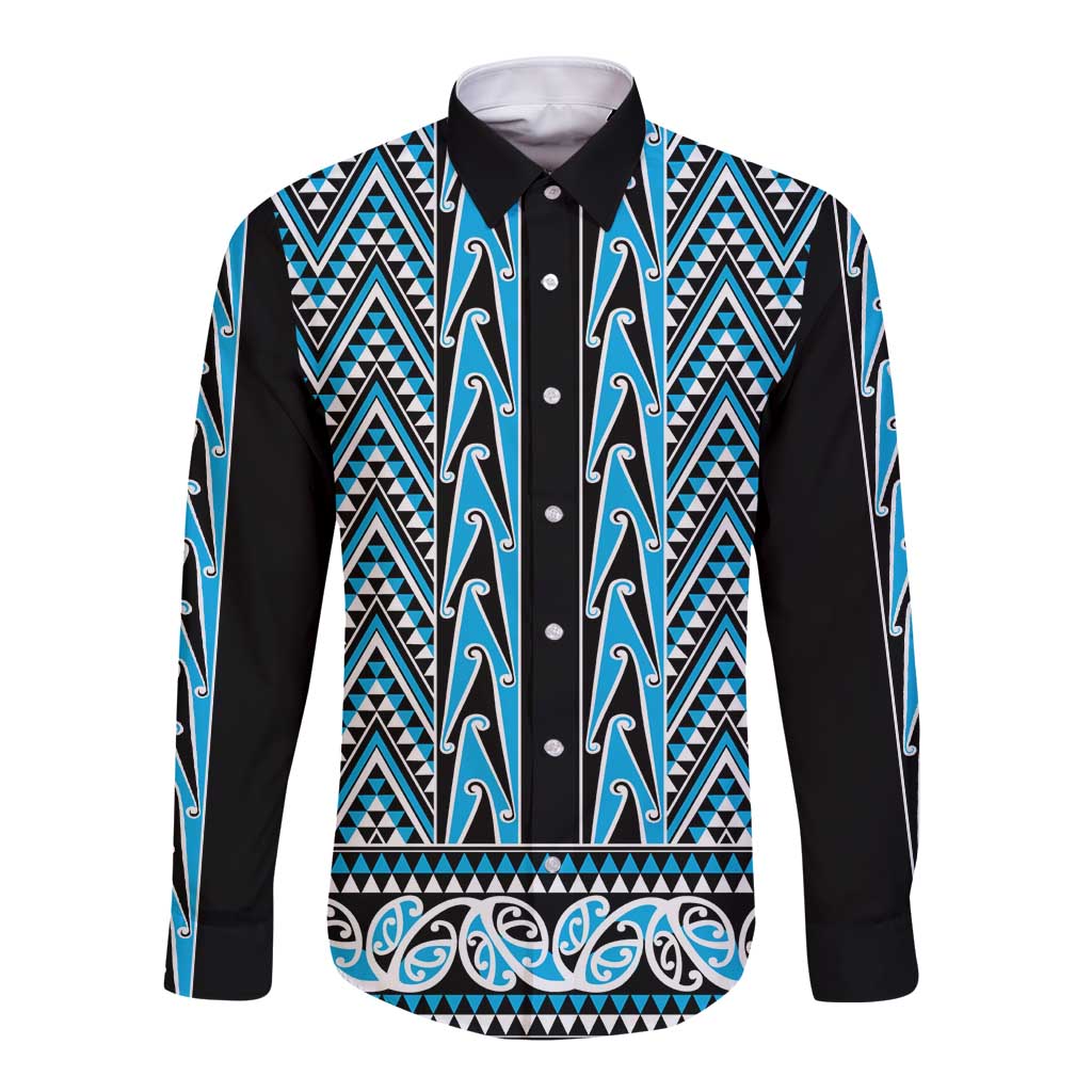 New Zealand Maori Niho Taniwha Long Sleeve Button Shirt Kikorangi Mangopare and Puhoro Pattern LT9 Unisex Blue - Polynesian Pride