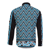 New Zealand Maori Niho Taniwha Long Sleeve Button Shirt Kikorangi Mangopare and Puhoro Pattern LT9 - Polynesian Pride