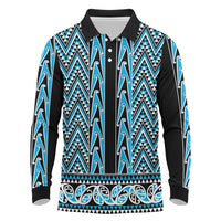 New Zealand Maori Niho Taniwha Long Sleeve Polo Shirt Kikorangi Mangopare and Puhoro Pattern