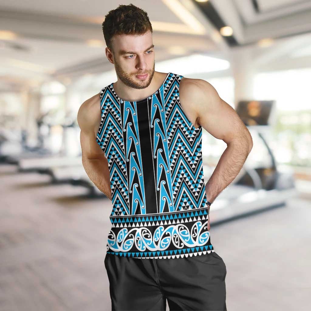 New Zealand Maori Niho Taniwha Men Tank Top Kikorangi Mangopare and Puhoro Pattern LT9 Blue - Polynesian Pride
