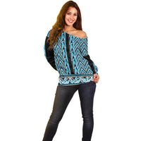 New Zealand Maori Niho Taniwha Off Shoulder Sweater Kikorangi Mangopare and Puhoro Pattern