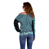 New Zealand Maori Niho Taniwha Off Shoulder Sweater Kikorangi Mangopare and Puhoro Pattern