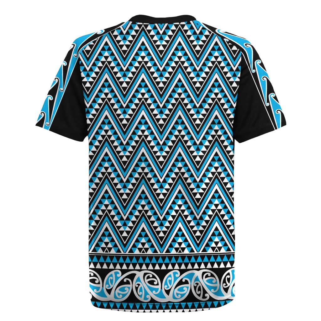 New Zealand Maori Niho Taniwha Rugby Jersey Kikorangi Mangopare and Puhoro Pattern