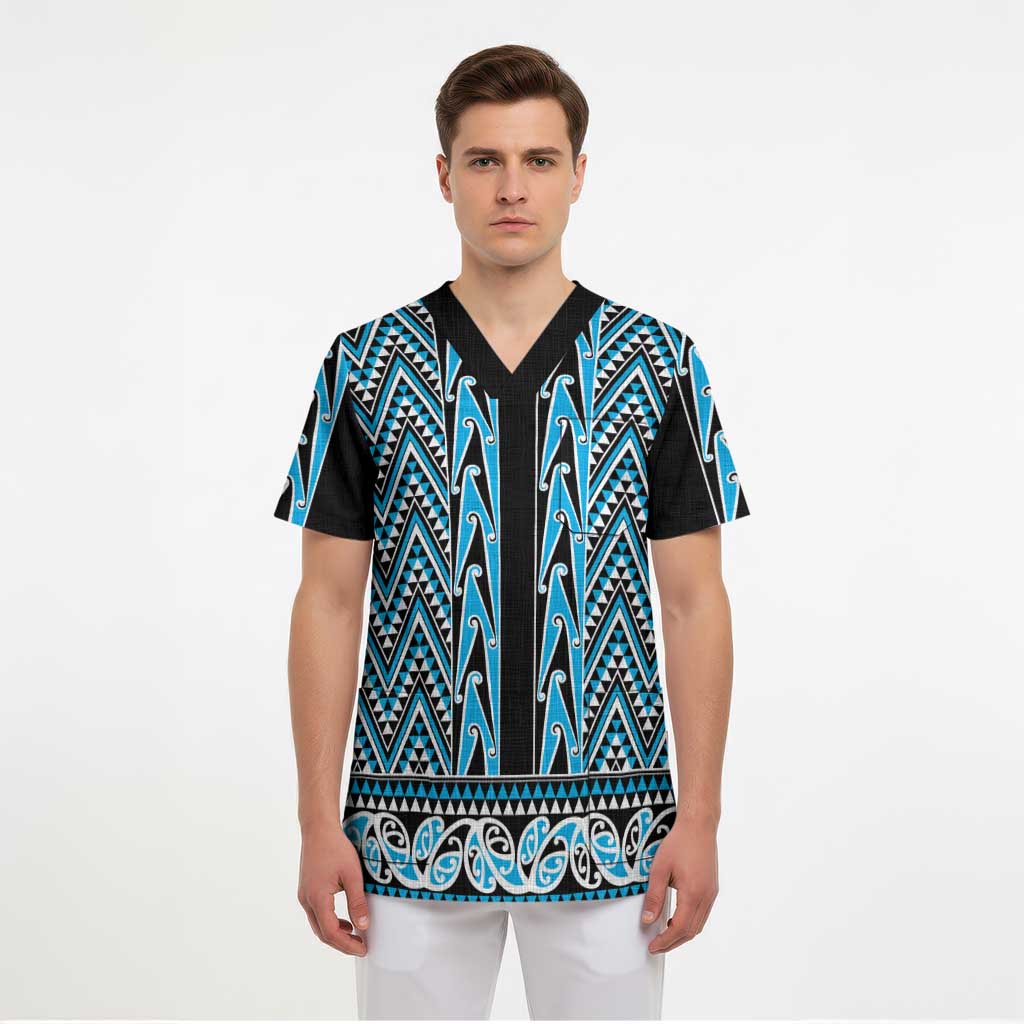 New Zealand Maori Niho Taniwha Scrub Top Kikorangi Mangopare and Puhoro Pattern - Polynesian Pride