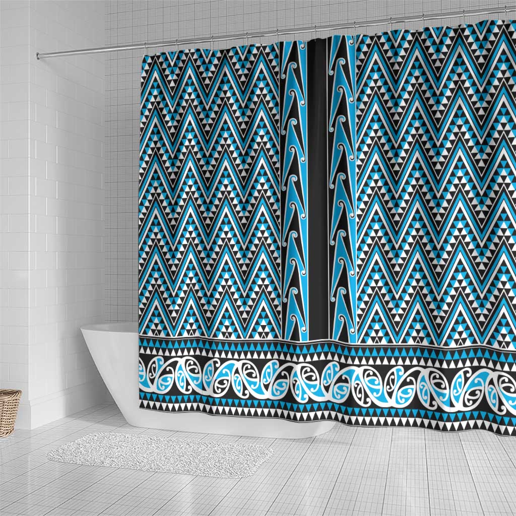 New Zealand Maori Niho Taniwha Shower Curtain Kikorangi Mangopare and Puhoro Pattern