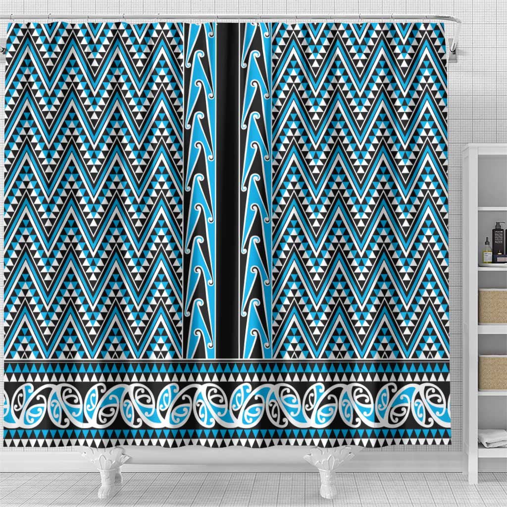 New Zealand Maori Niho Taniwha Shower Curtain Kikorangi Mangopare and Puhoro Pattern
