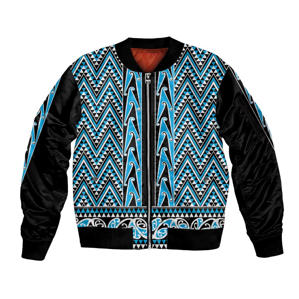 New Zealand Maori Niho Taniwha Sleeve Zip Bomber Jacket Kikorangi Mangopare and Puhoro Pattern