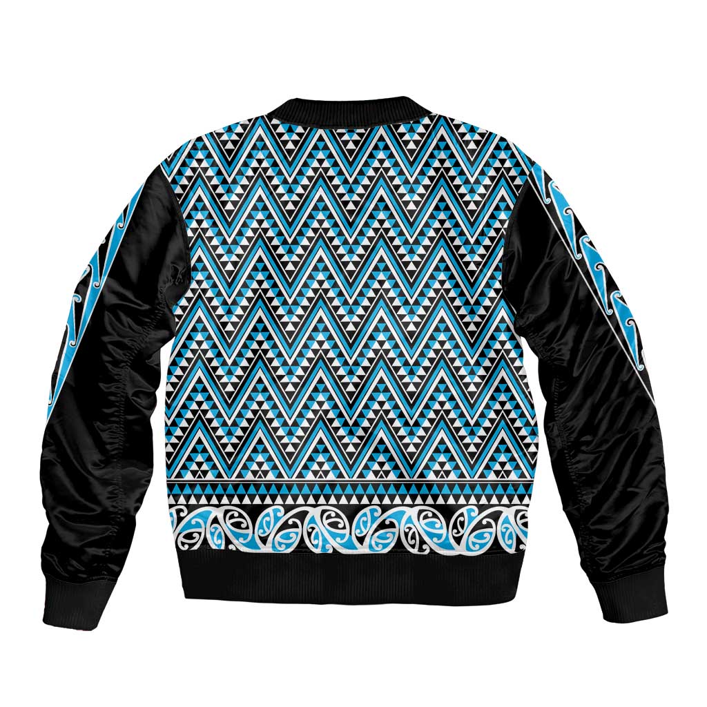 New Zealand Maori Niho Taniwha Sleeve Zip Bomber Jacket Kikorangi Mangopare and Puhoro Pattern