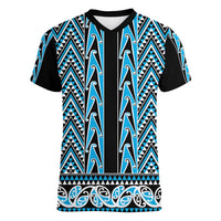New Zealand Maori Niho Taniwha Women V-Neck T-Shirt Kikorangi Mangopare and Puhoro Pattern