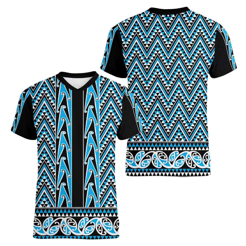 New Zealand Maori Niho Taniwha Women V-Neck T-Shirt Kikorangi Mangopare and Puhoro Pattern