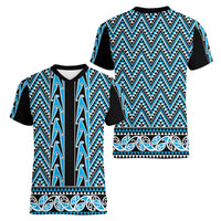 New Zealand Maori Niho Taniwha Women V-Neck T-Shirt Kikorangi Mangopare and Puhoro Pattern